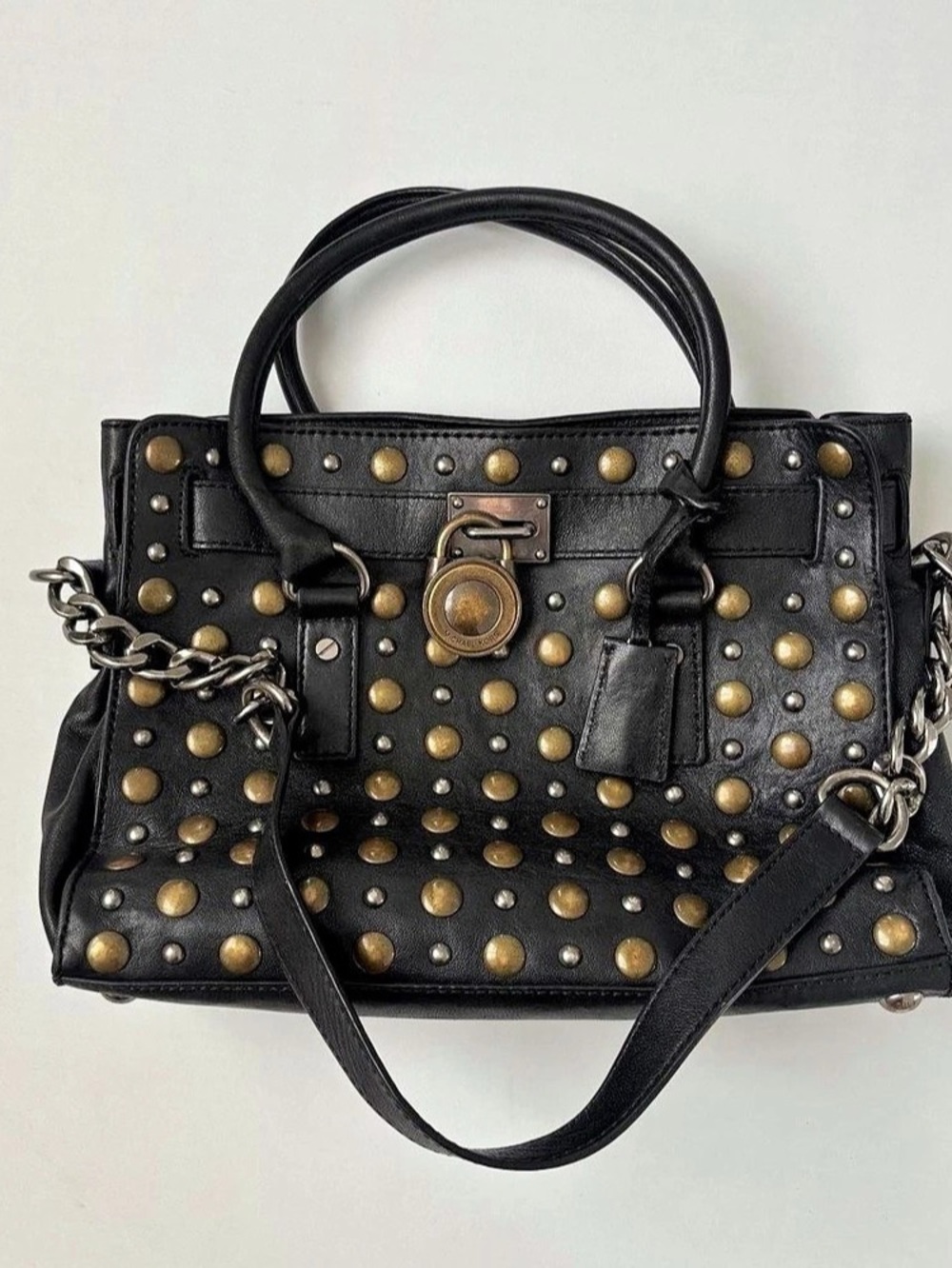 Michael Kors Hamilton Studded Leather Satchel Shoulder Bag in Black
